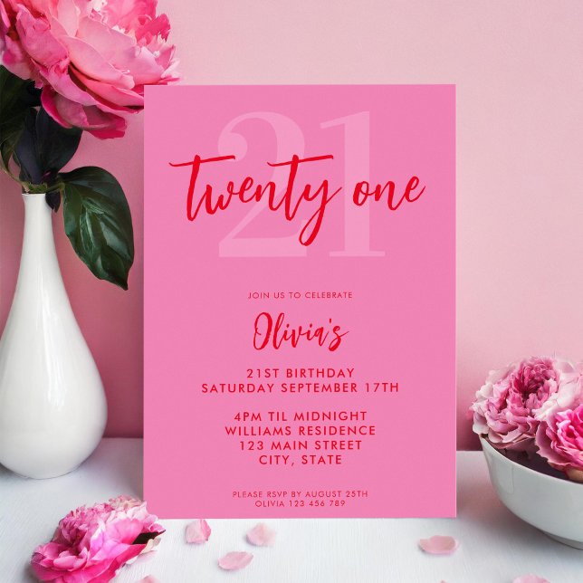Modern Pink Red Elegant 21st Birthday Invitation (Creator Uploaded)