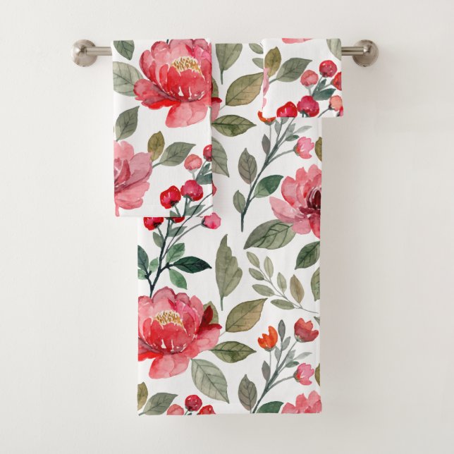 Modern Pink Red Floral Botanical Pattern Bath Towel Set (Insitu)
