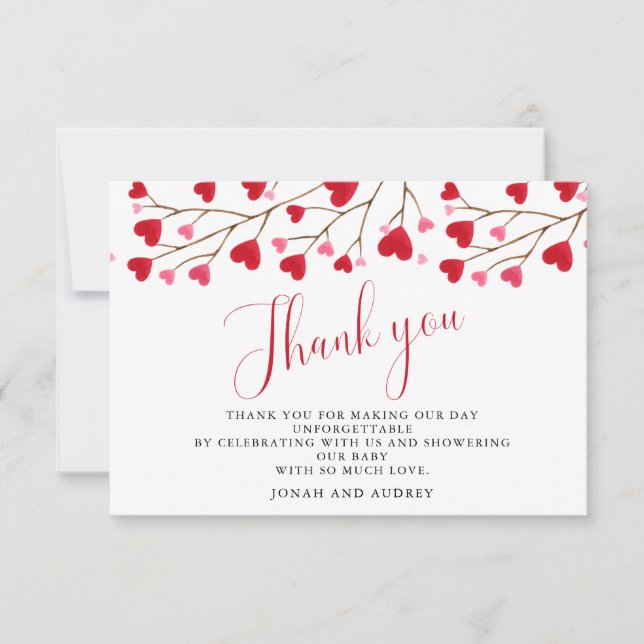 Modern Pink Red Hearts Baby Shower  Thank You Card (Front)