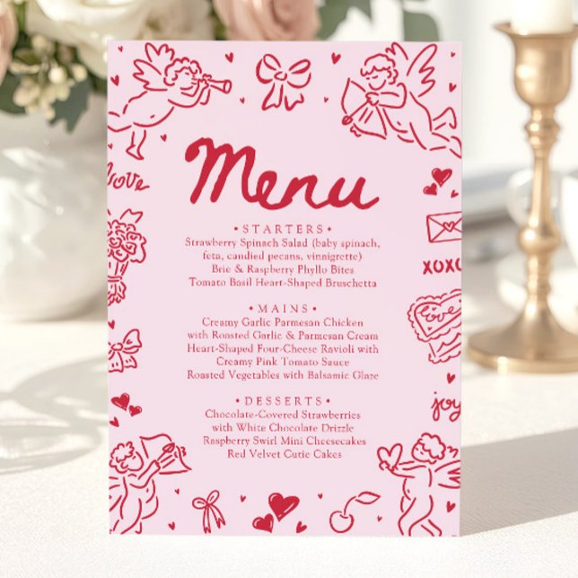 Modern Pink Red Hearts Hand Drawn Valentine Menu (Modern Pink Red Hearts Hand Drawn Valentine Menu)