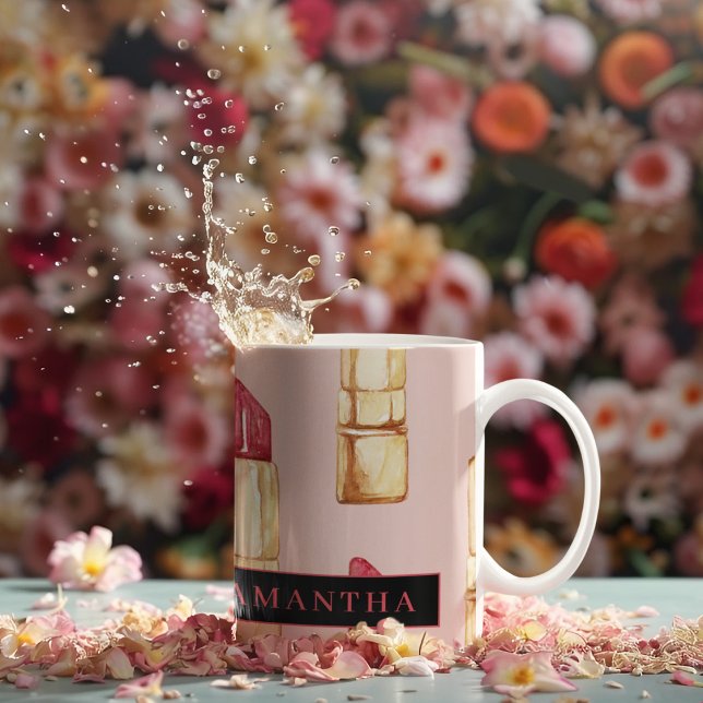 Modern Pink & Red Lipstick Pattern Girly With Name Coffee Mug (Creator Uploaded)