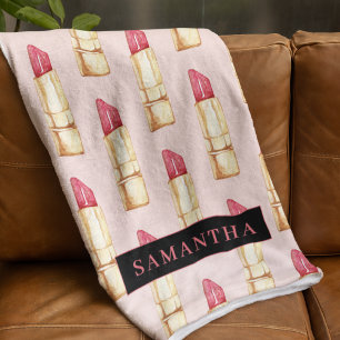 Modern Pink & Red Lipstick Pattern Girly With Name Fleece Blanket