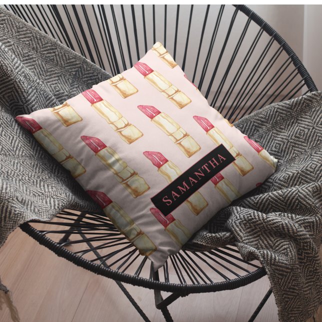 Modern Pink & Red Lipstick Pattern Girly With Name Outdoor Pillow (Creator Uploaded)