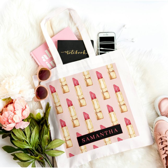 Modern Pink & Red Lipstick Pattern Girly With Name Tote Bag (Creator Uploaded)