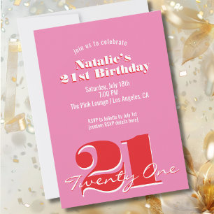Modern Pink Red Minimalist 21st Birthday Invitation