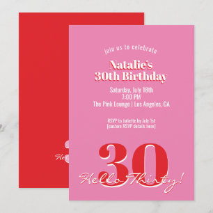 Modern Pink Red Minimalist 30th Birthday Invitation