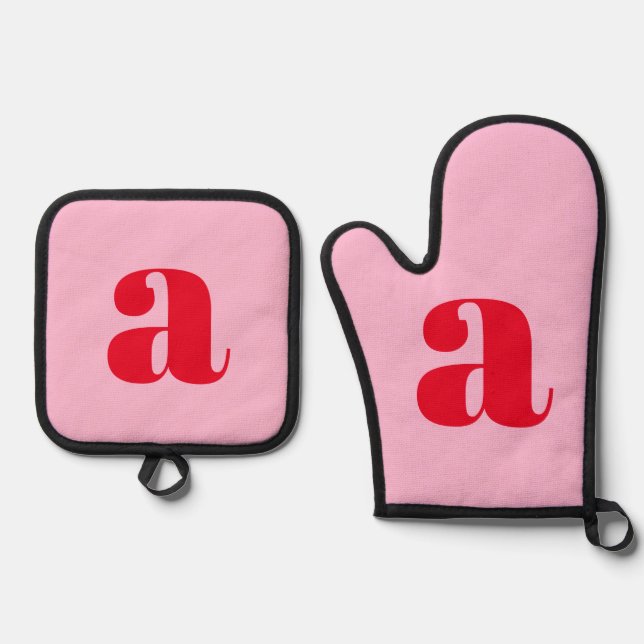 Modern Pink Red Monogram Initial Personalized Oven Mitt & Pot Holder Set (Front)
