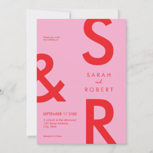 Modern Pink Red Monogram Wedding Invitation