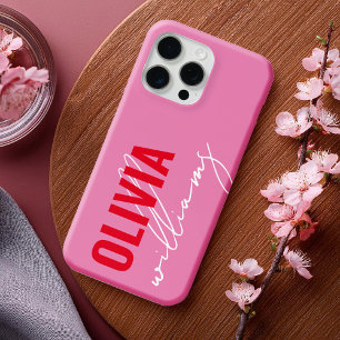 Modern Pink Red Name Monogram iPhone 15 Pro Max Case