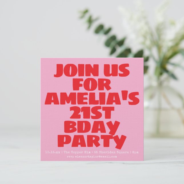 Modern Pink Red Photo Playful Bold Birthday 21st Invitation (Standing Front)