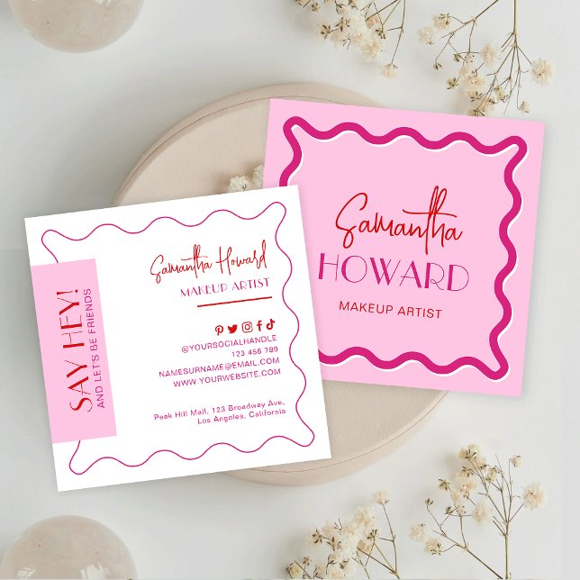 Modern Pink & Red Retro Style Makeup Artist Beauty Square Business Card (Creator Uploaded)