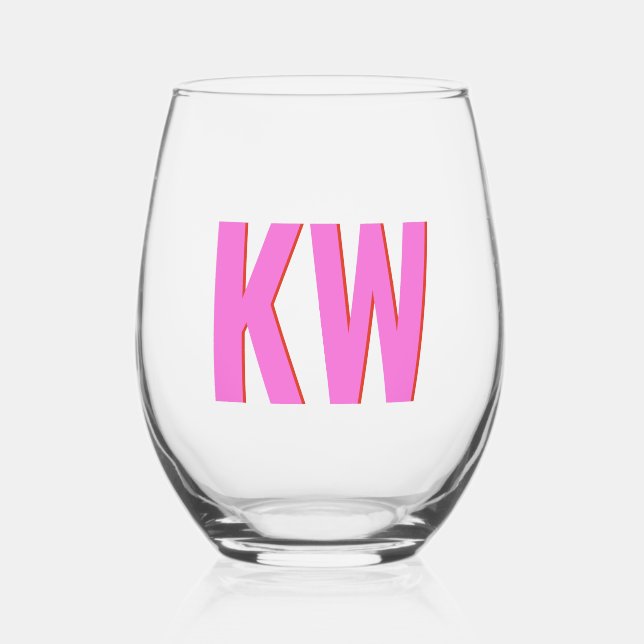 Modern Pink Red Shadow Monogram Personalized Stemless Wine Glass (Front)