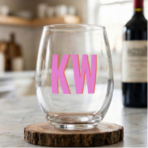 Modern Pink Red Shadow Monogram Personalized Stemless Wine Glass