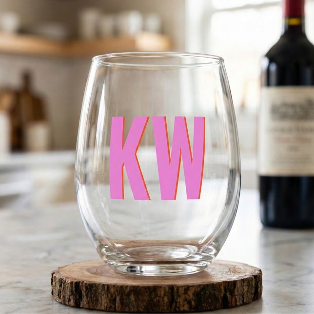 Modern Pink Red Shadow Monogram Personalized Stemless Wine Glass (Creator Uploaded)