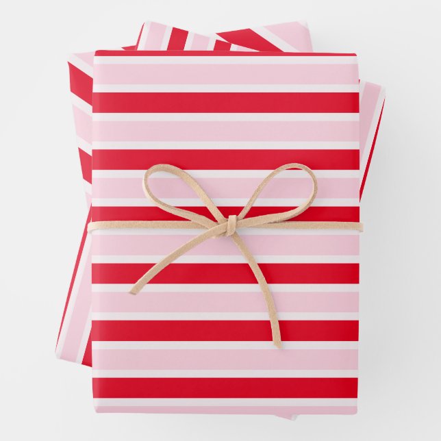 Modern Pink Red Stripes Christmas Wrapping Paper Sheet (In situ)