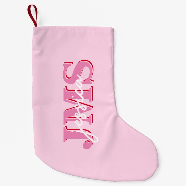 Modern Pink Red Three Letter Initial Monogram Small Christmas Stocking (Front)