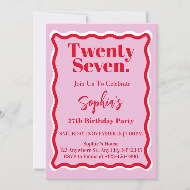 Modern Pink Red Wave Curve 27th Birthday Party Invitation (Front)