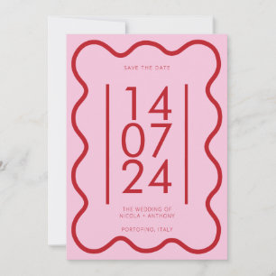 Modern pink red wavy border wedding save the date invitation