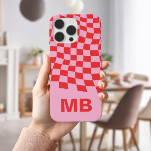 Modern Pink Red Wavy Chequered Pattern Monogram iPhone 16 Pro Max Case