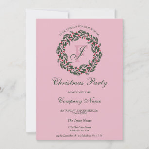 Modern Pink Red Wreath Corporate Christmas Party Invitation