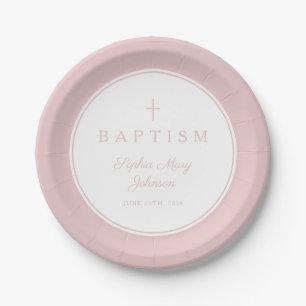 Modern Pink Religious Cross Girl Baptism Paper Plate