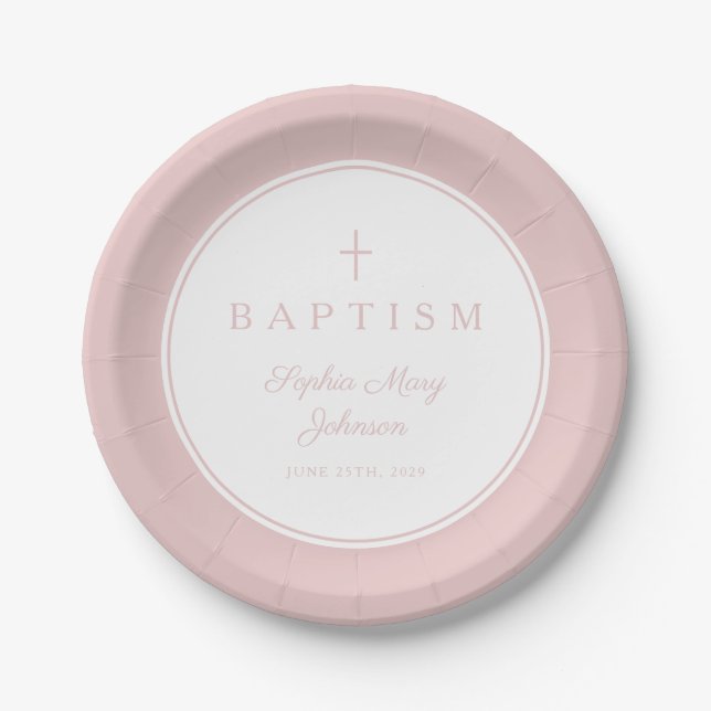 Modern Pink Religious Cross Girl Baptism Paper Plate (Front)