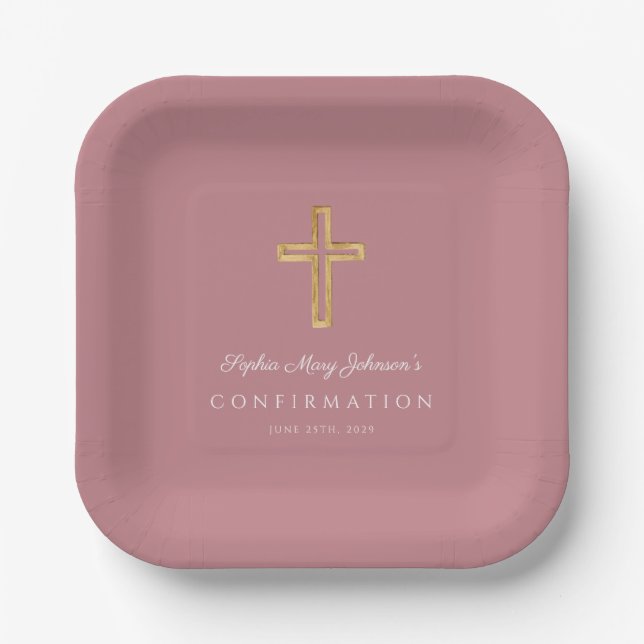 Modern Pink Religious Cross Girl Confirmation Paper Plate (Front)