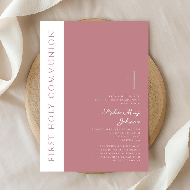 Modern Pink Religious Cross Girl First Communion Invitation (Modern Pink Religious Cross Girl First Communion Invitation)