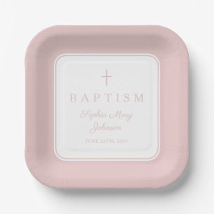 Modern Pink Religius Cross Girl Baptism Paper Plate