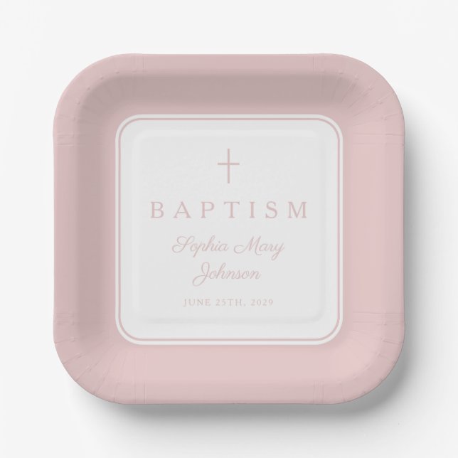 Modern Pink Religius Cross Girl Baptism Paper Plate (Front)