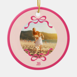 Modern Pink Retro Bows Trendy Christmas photo Ceramic Ornament