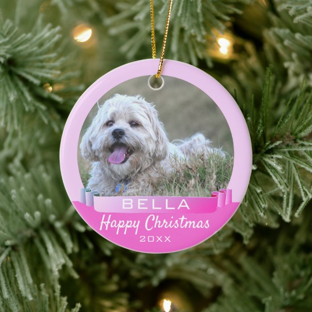Modern Pink Ribbon Dog or Pet Photo Christmas Ceramic Ornament (Tree)