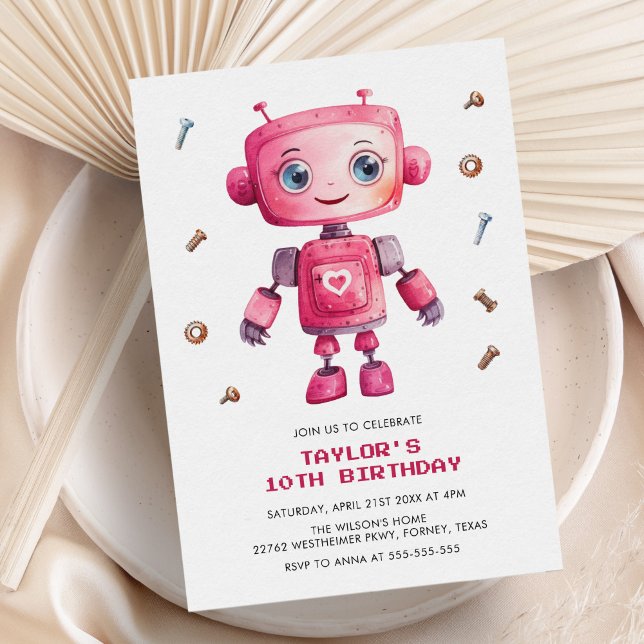 Modern Pink Robot Girl Birthday Party Invitation (Creator Uploaded)