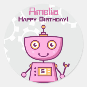 Modern Pink Robot Girls Birthday Party Classic Round Sticker