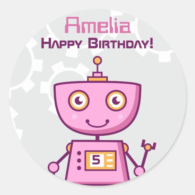 Modern Pink Robot Girls Birthday Party Classic Round Sticker (Front)