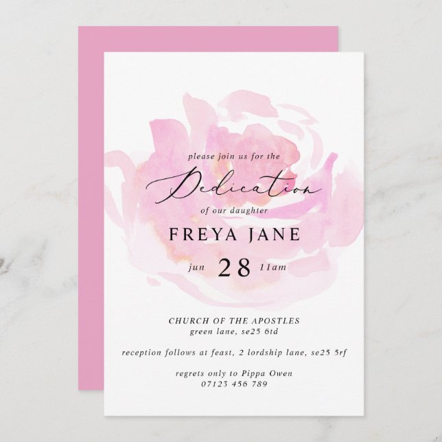 Modern Pink Rose & Calligraphy Baby Dedication Invitation (Front/Back)