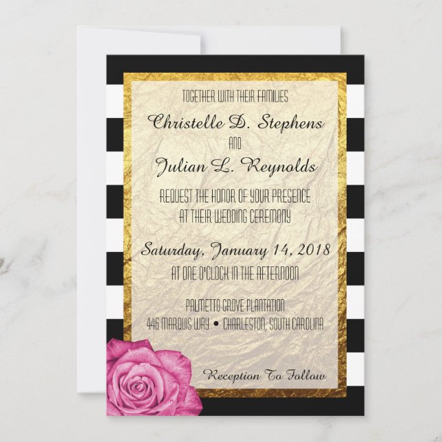 Modern Pink Rose Faux Gold Foil Striped Wedding Invitation (Front)