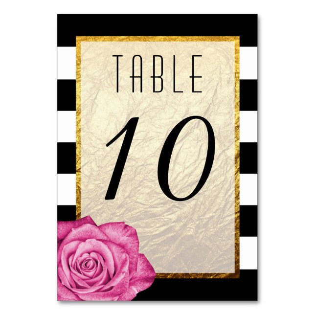 Modern Pink Rose Faux Gold Foil Striped Wedding Table Number (Front)