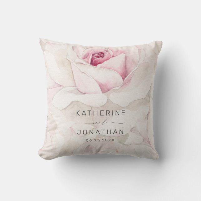 Modern Pink Rose Floral Bride Groom Names Wedding Throw Pillow (Front)