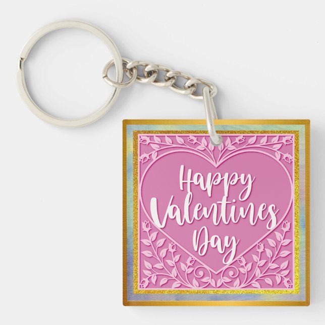 Modern Pink Rose Floral Heart Romantic Valentines Keychain (Front)