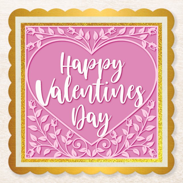 Modern Pink Rose Floral Heart Romantic Valentines Paper Coaster (Front)