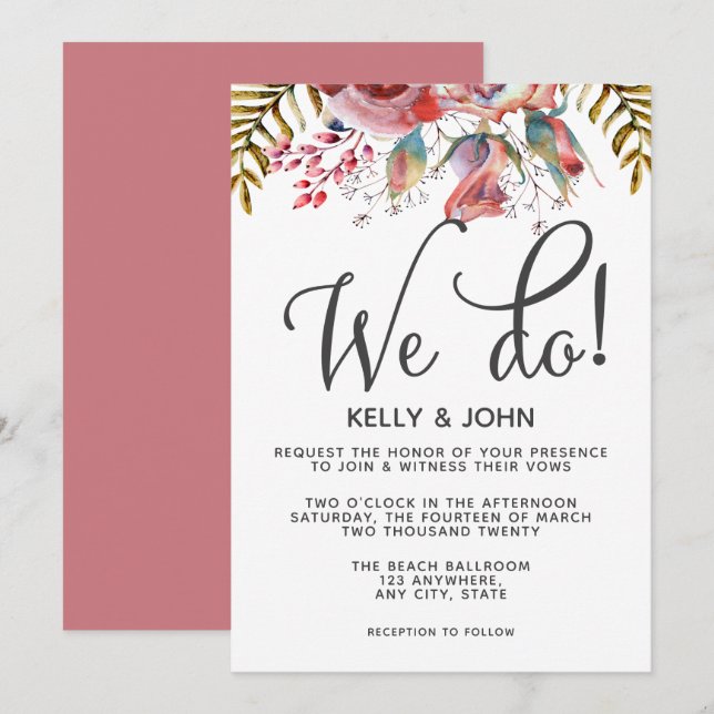 Modern Pink Rose Floral We Do Wedding Invitation (Front/Back)