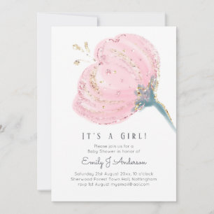 Modern Pink Rose Glitter Its A Girl Baby Shower Invitation