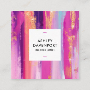 Modern pink rose gold glitter brushstrokes makeup square business card