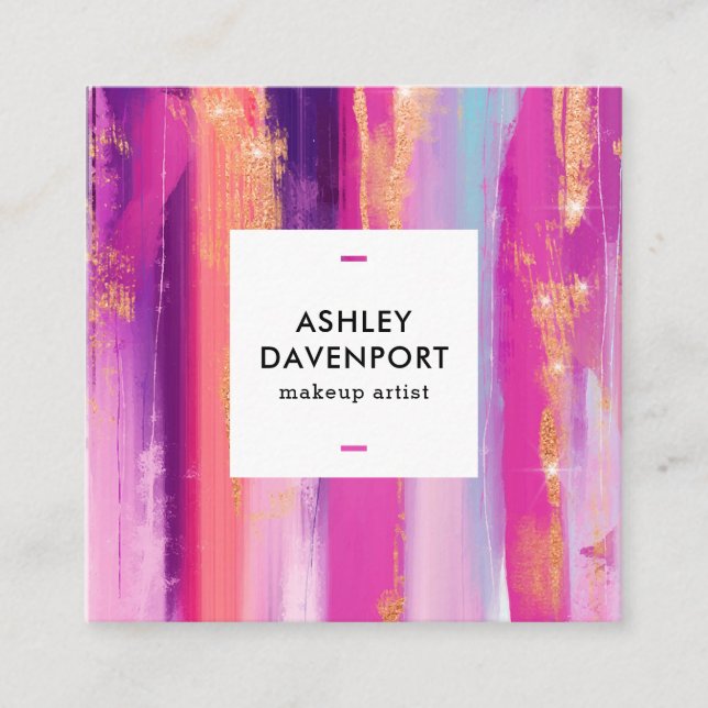 Modern pink rose gold glitter brushstrokes makeup square business card (Front)