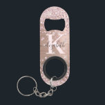 Modern Pink Rose Gold Glitter Diamond Monogram  Ke Keychain Bottle Opener<br><div class="desc">Elegant, Modern, Luxury, Glam, Sparkle Girly faux rose gold glitter diamond confetti custom personalized monogrammed keychain bottle opener. Features a faux pink rose gold brushed metal background, with blush pink rose gold glitter and white diamonds confetti. Beautiful name template in hand lettering calligraphy font script with swashes. Add your name...</div>