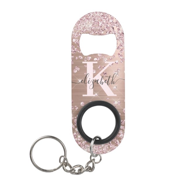 Modern Pink Rose Gold Glitter Diamond Monogram  Ke Keychain Bottle Opener (Front)