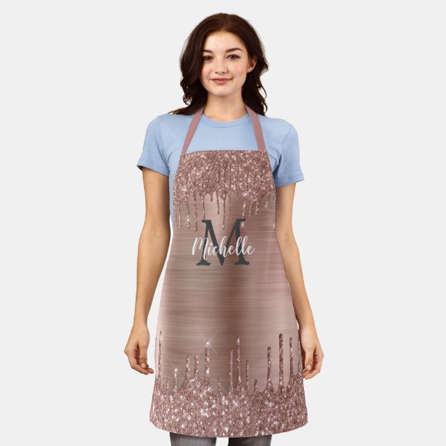 Modern Pink Rose Gold Glitter Drips Personalized Apron (Worn)