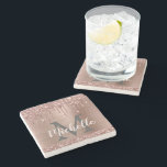 Modern Pink Rose Gold Glitter Drips Personalized Stone Coaster<br><div class="desc">Modern, girly rose gold glitter drips personalized name and monogrammed stone coaster. This design features blush pink rose gold glitter sparkle drips on faux pink brushed metal background with custom monogram initial and first name text template. Perfect girly personalized gift. If you need help or matching items, please contact me....</div>