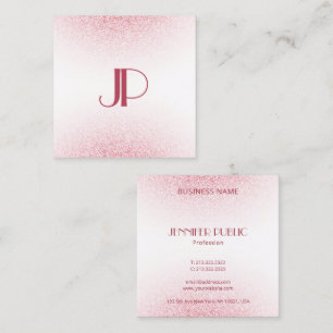 Modern Pink Rose Gold Glitter Monogram Template Square Business Card